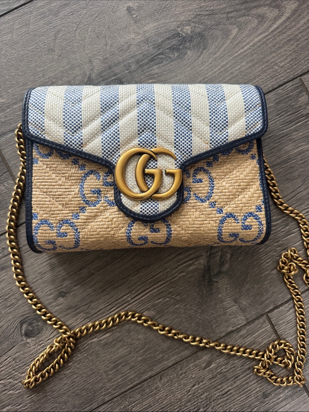 GUCCI Wallet Chain Shoulder GG Marmont Leather Raffia Beige Blue